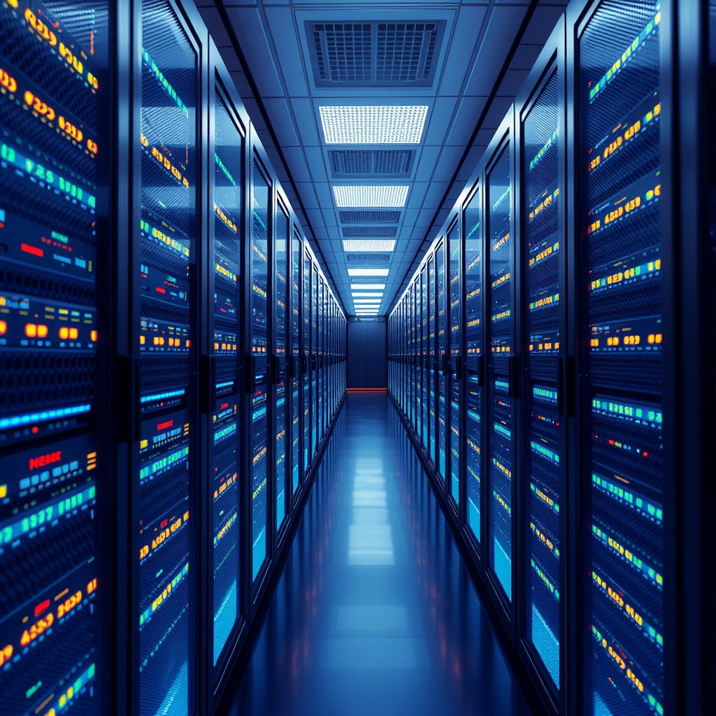 a server room with rows of glowing data racks, highly detailed, 8k, professional photography, sharp focus
