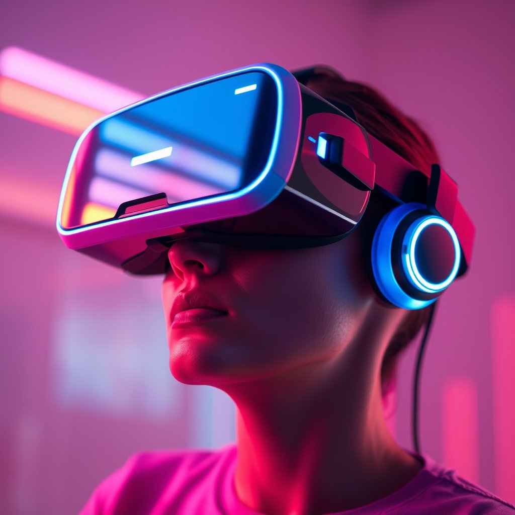 a virtual reality headset with neon light reflections, ultra realistic, crisp details, studio quality