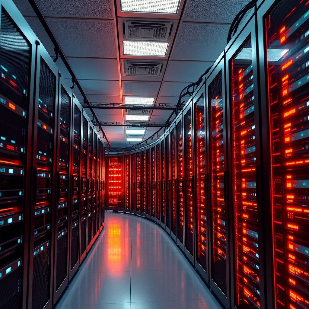 a server room with rows of glowing data racks, ultra realistic, crisp details, studio quality