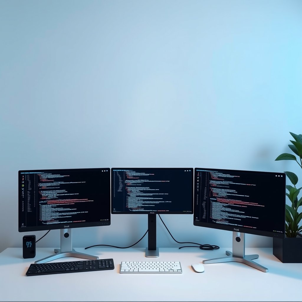 a developer workspace with multiple monitors showing code, minimalist composition, clean background, elegant
