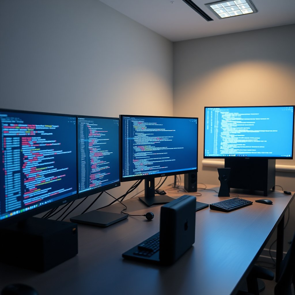 a developer workspace with multiple monitors showing code, ultra realistic, crisp details, studio quality