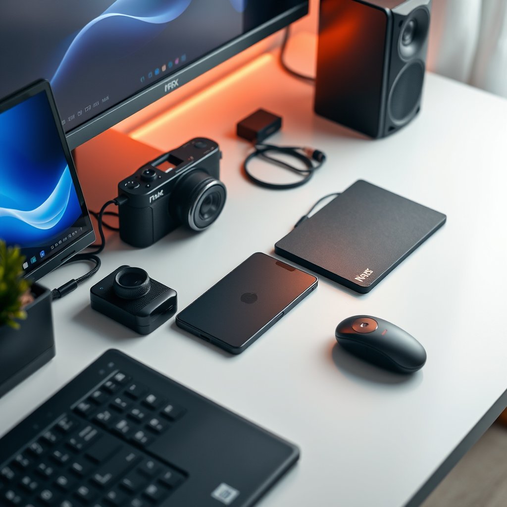 a clean flat-lay of tech gadgets on a desk, highly detailed, 8k, professional photography, sharp focus