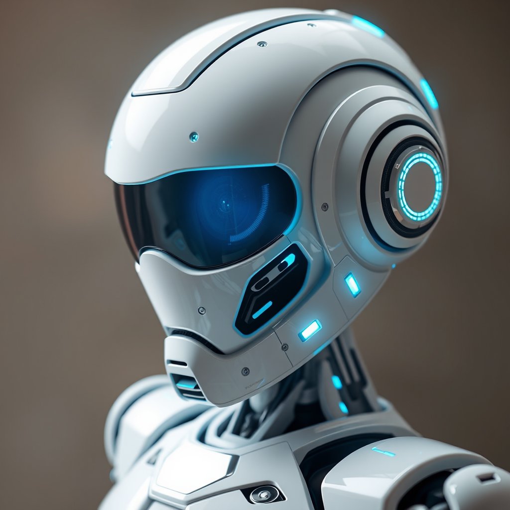 a futuristic robot with glowing blue accents, bright and airy, pastel tones, dreamy aesthetic