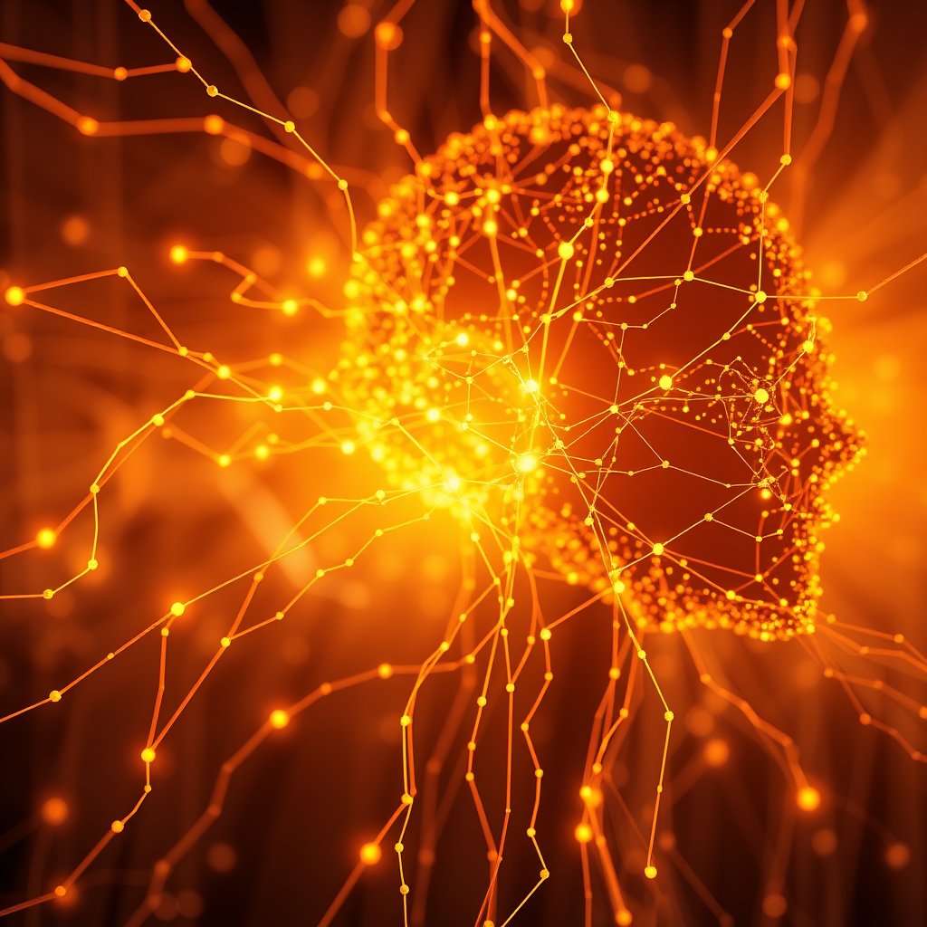 an abstract visualization of artificial intelligence neural network, golden hour lighting, warm tones, atmospheric