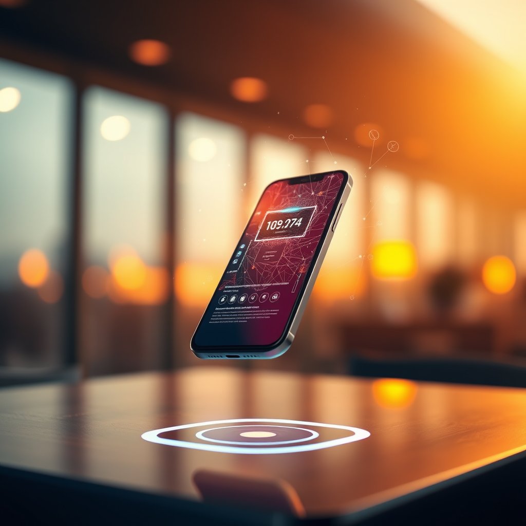 a smartphone floating with holographic interface, golden hour lighting, warm tones, atmospheric