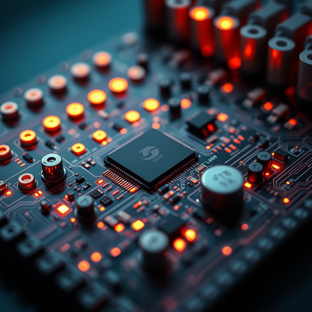 a circuit board macro shot with glowing components, minimalist composition, clean background, elegant