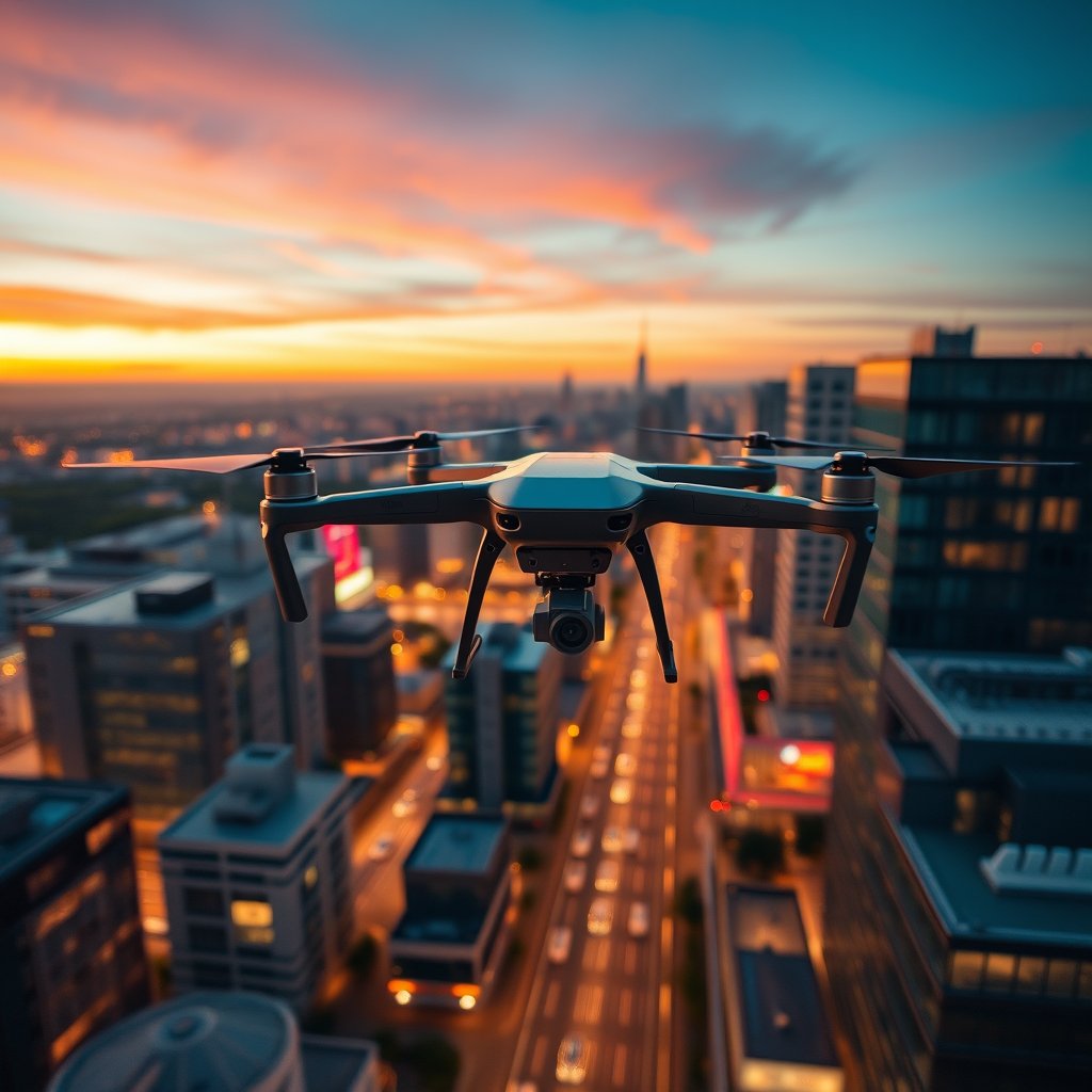 a drone flying over a modern city at dusk, ultra realistic, crisp details, studio quality