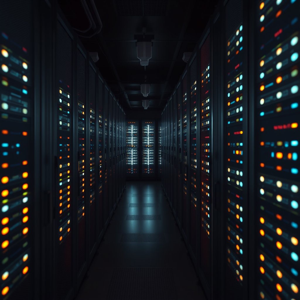 a server room with rows of glowing data racks, moody lighting, high contrast, fine art photography
