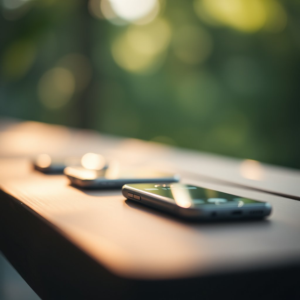 small phones, soft natural light, shallow depth of field, bokeh