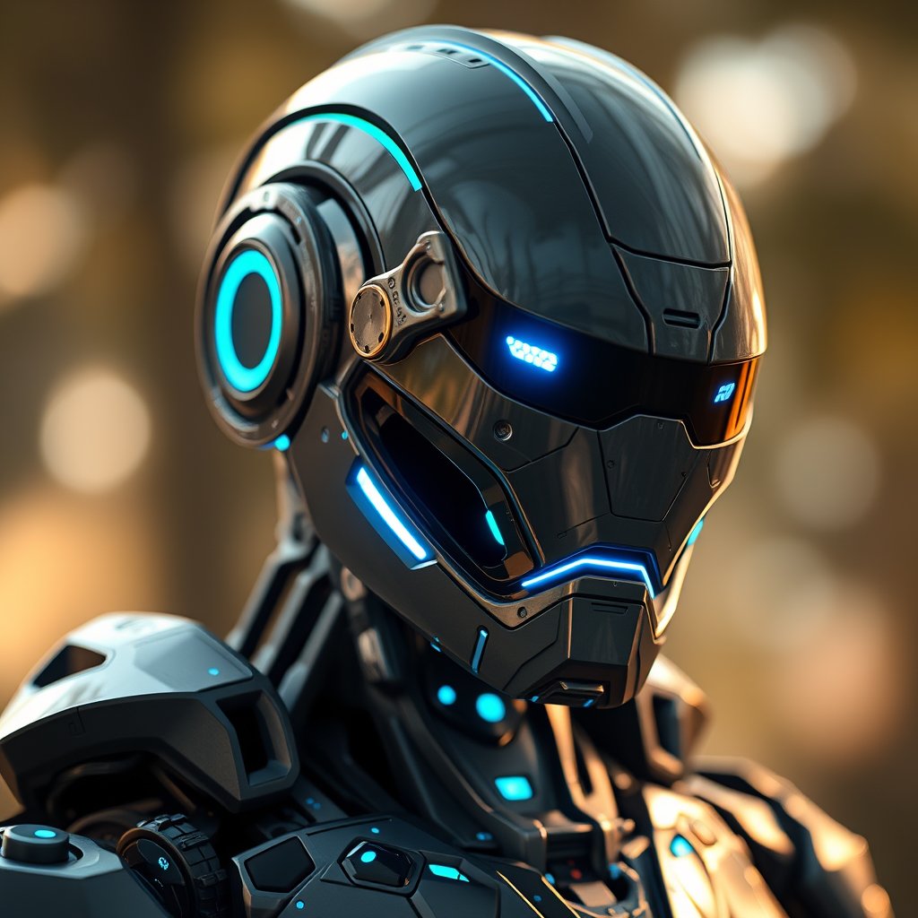 a futuristic robot with glowing blue accents, soft natural light, shallow depth of field, bokeh