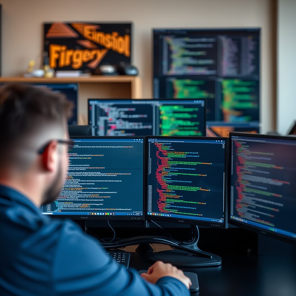 a developer workspace with multiple monitors showing code, highly detailed, 8k, professional photography, sharp focus