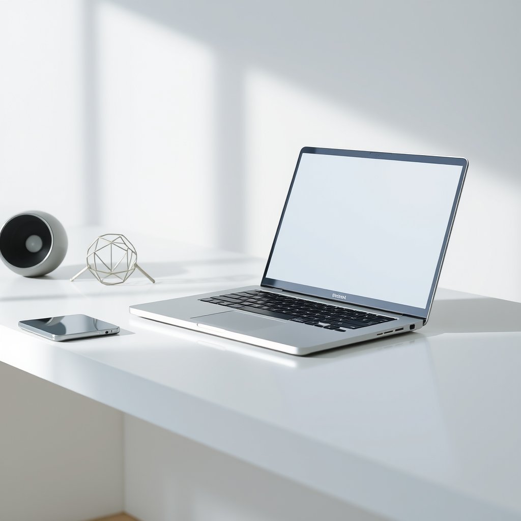 a sleek modern laptop on a clean desk with soft lighting, minimalist composition, clean background, elegant