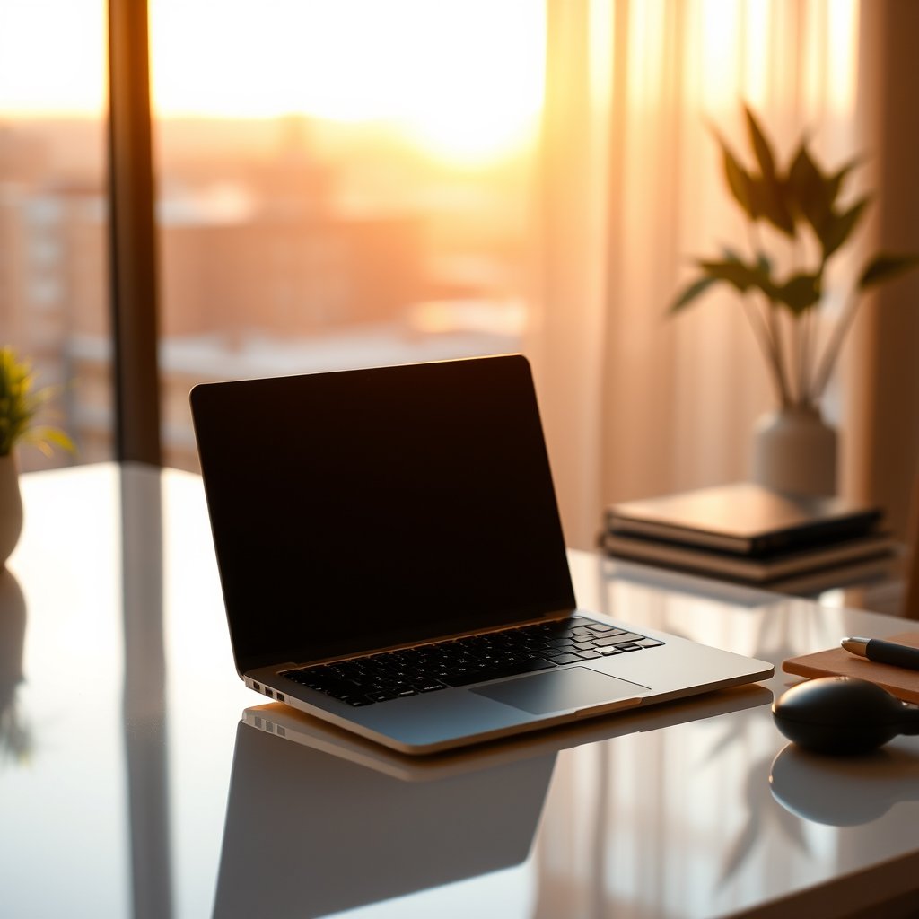 a sleek modern laptop on a clean desk with soft lighting, golden hour lighting, warm tones, atmospheric