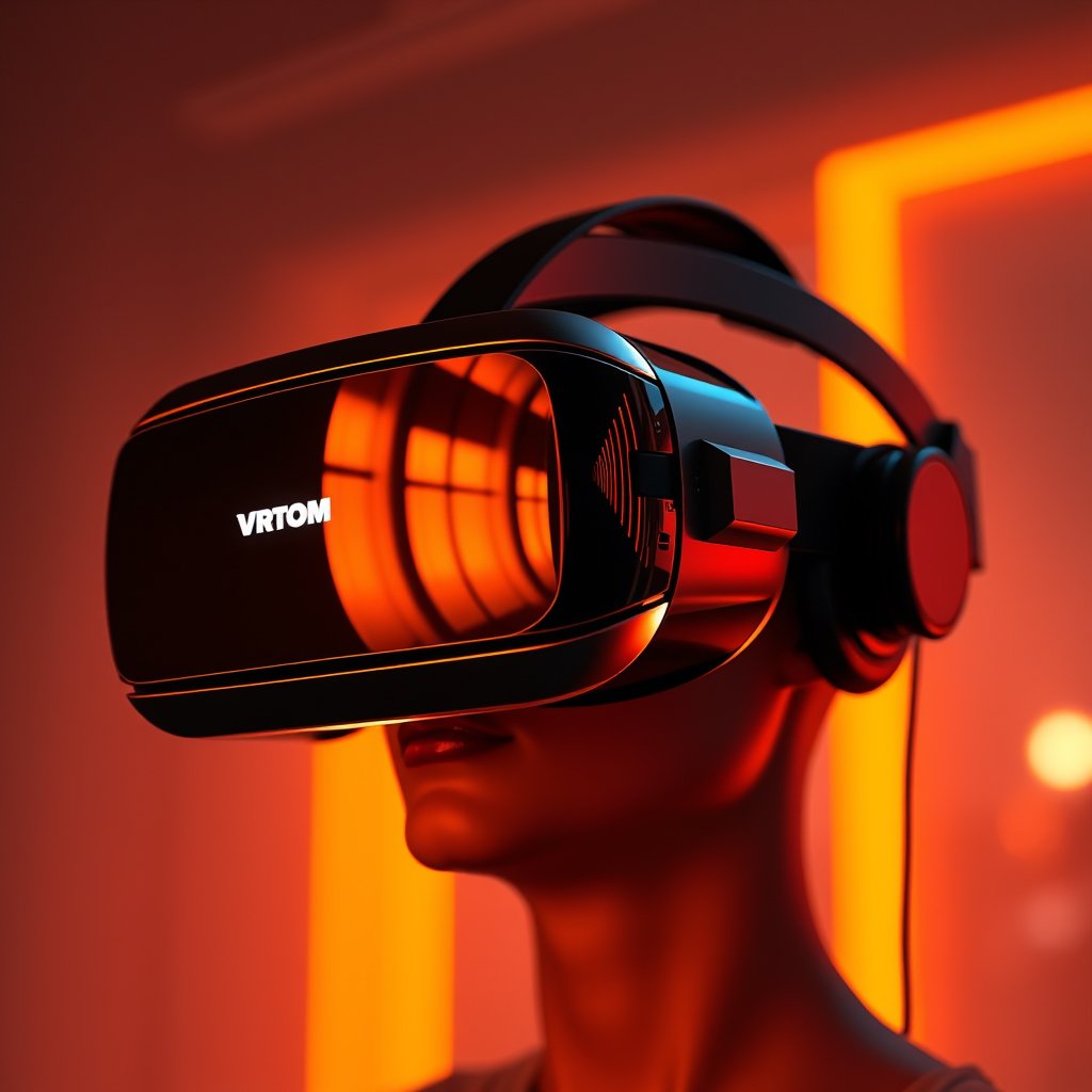 a virtual reality headset with neon light reflections, golden hour lighting, warm tones, atmospheric