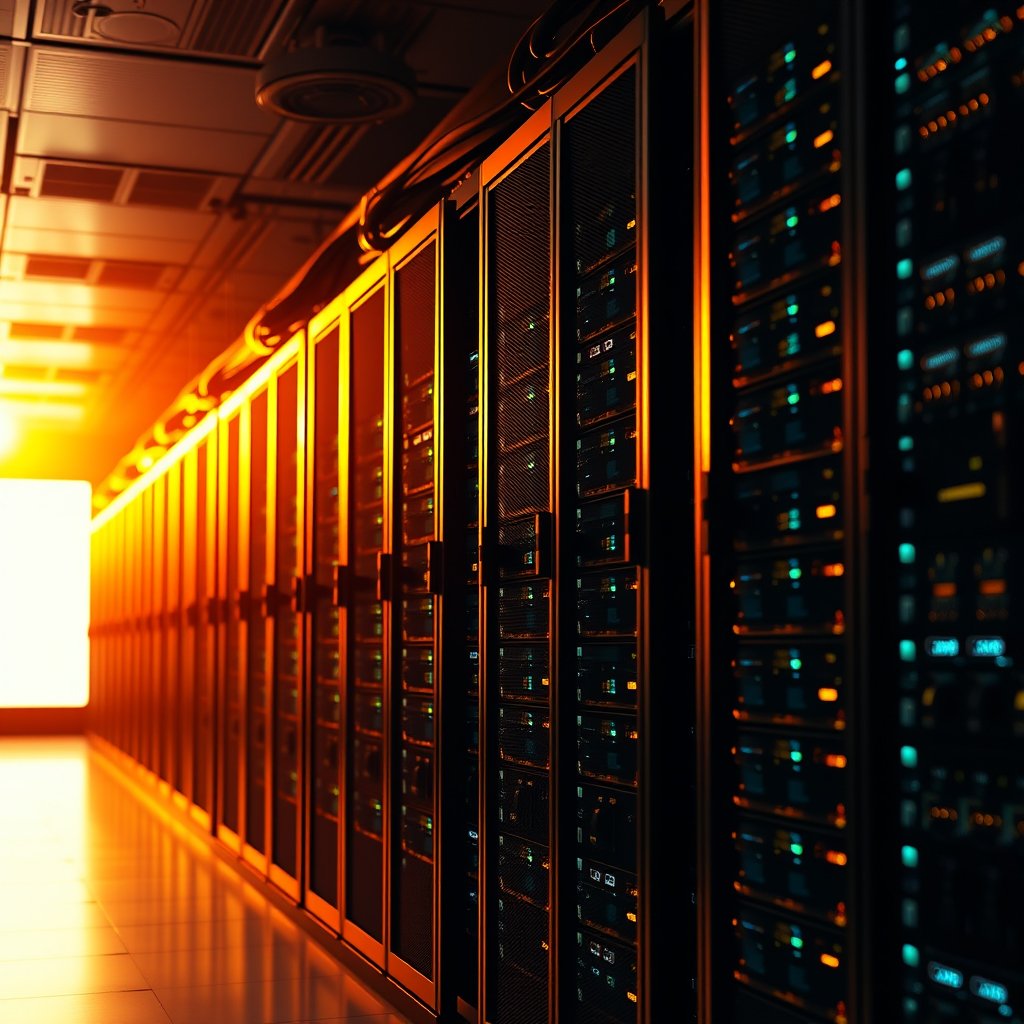a server room with rows of glowing data racks, golden hour lighting, warm tones, atmospheric