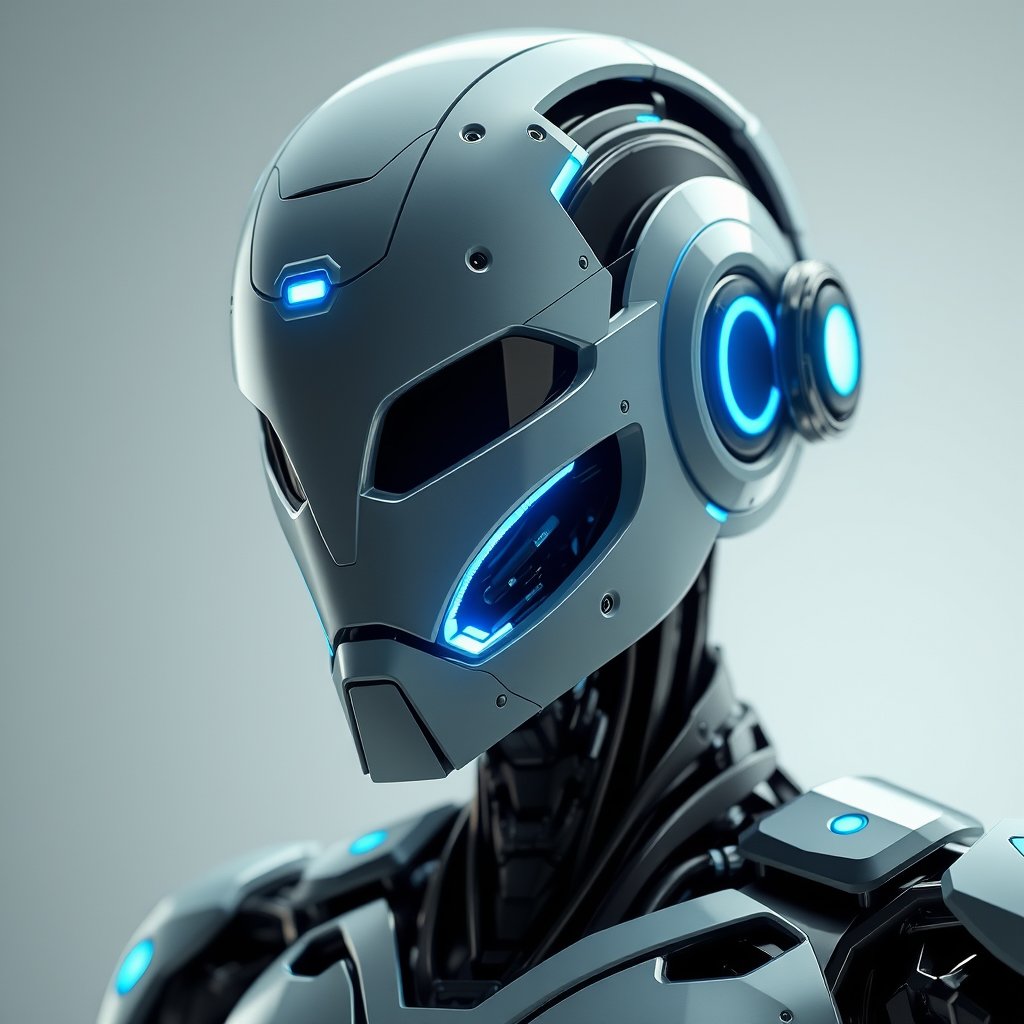 a futuristic robot with glowing blue accents, ultra realistic, crisp details, studio quality