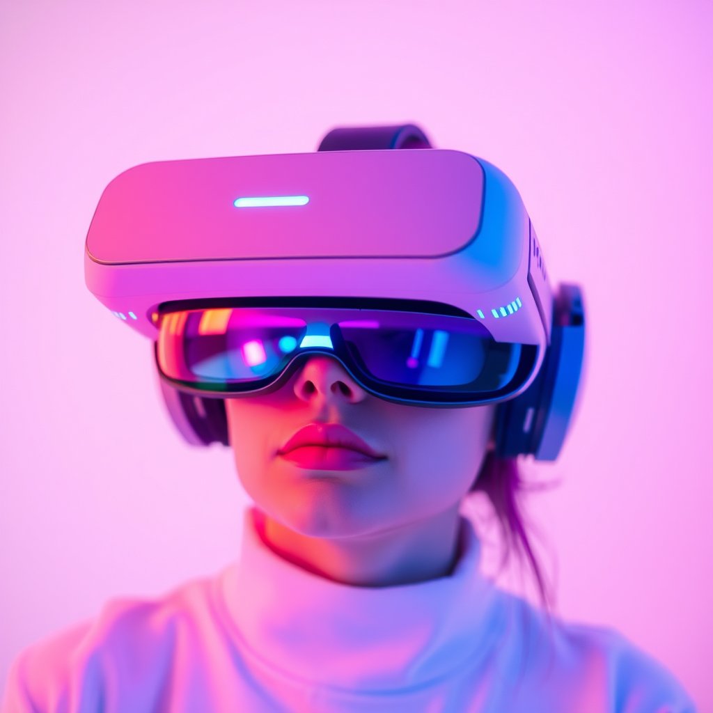 a virtual reality headset with neon light reflections, bright and airy, pastel tones, dreamy aesthetic