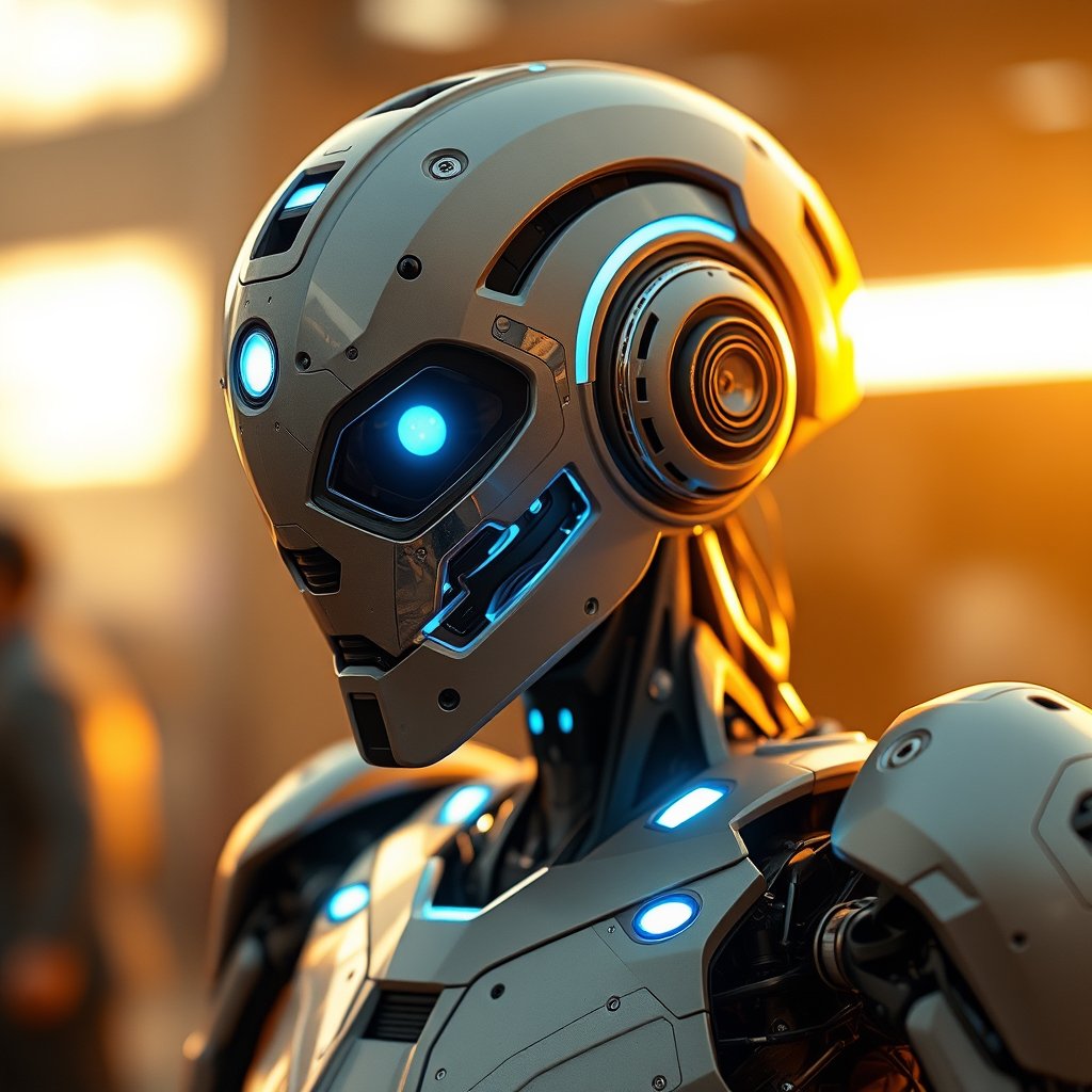 a futuristic robot with glowing blue accents, golden hour lighting, warm tones, atmospheric