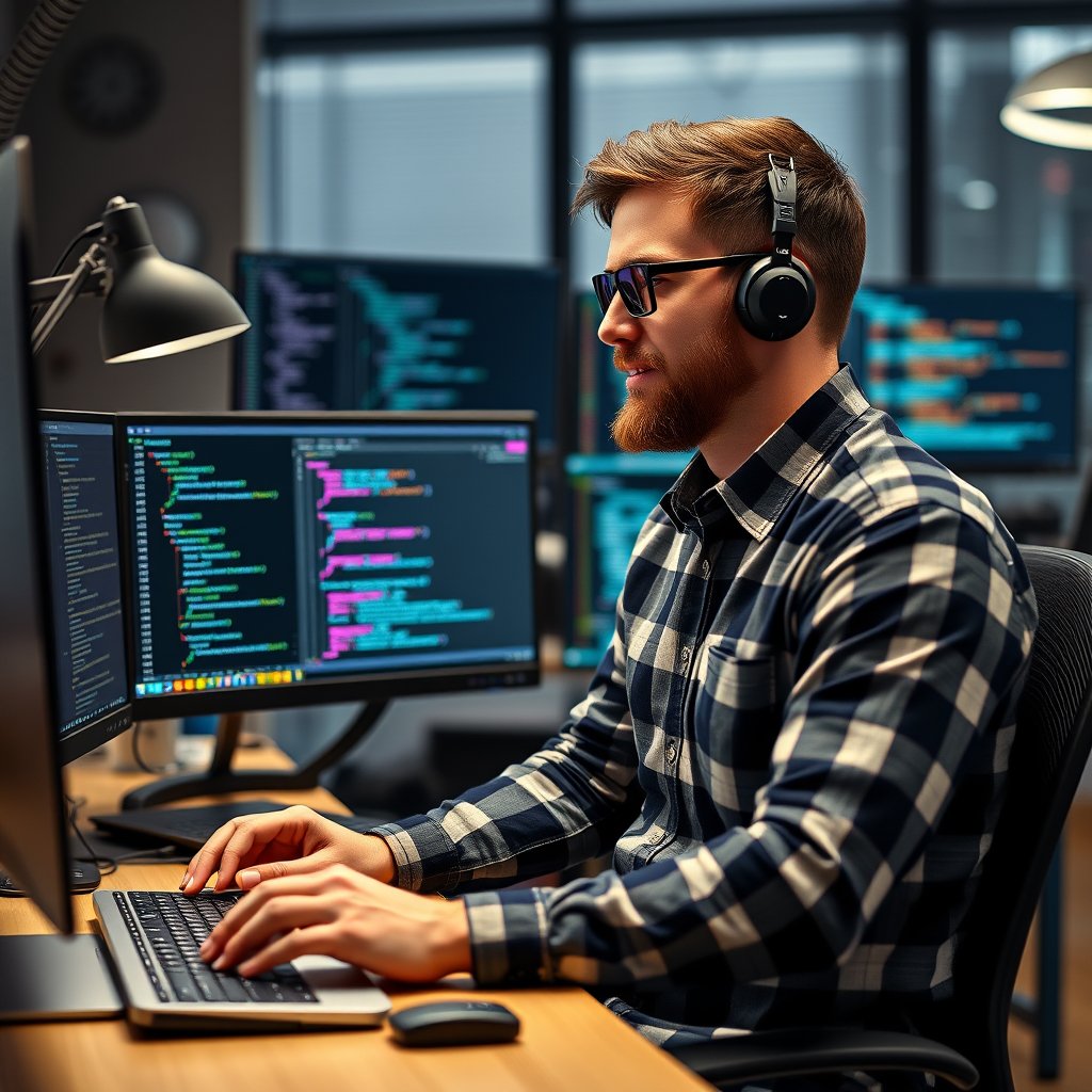 hombre programador full stack en su oficina trabajando, que se vean varias pantallas de programacion, sistemas como python o html, highly detailed, 8k, professional photography, sharp focus
