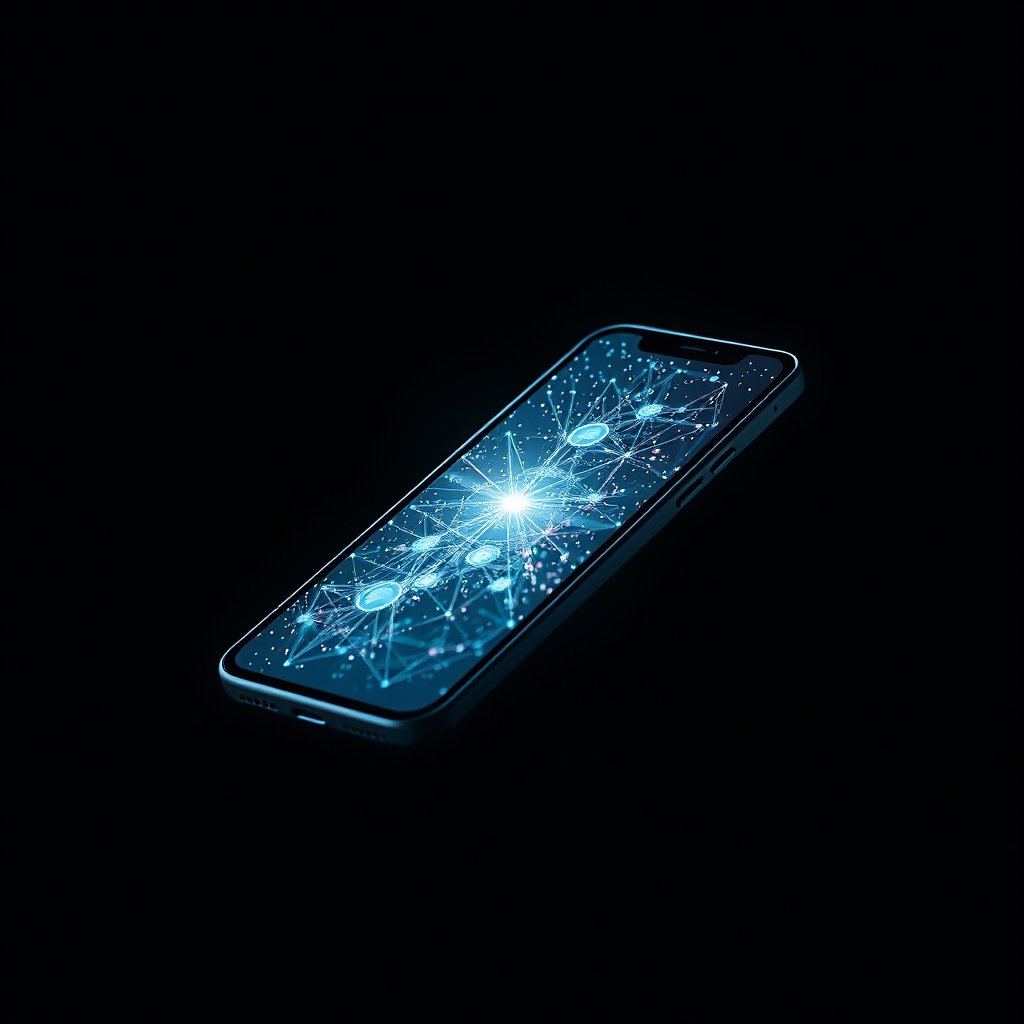 a smartphone floating with holographic interface, moody lighting, high contrast, fine art photography