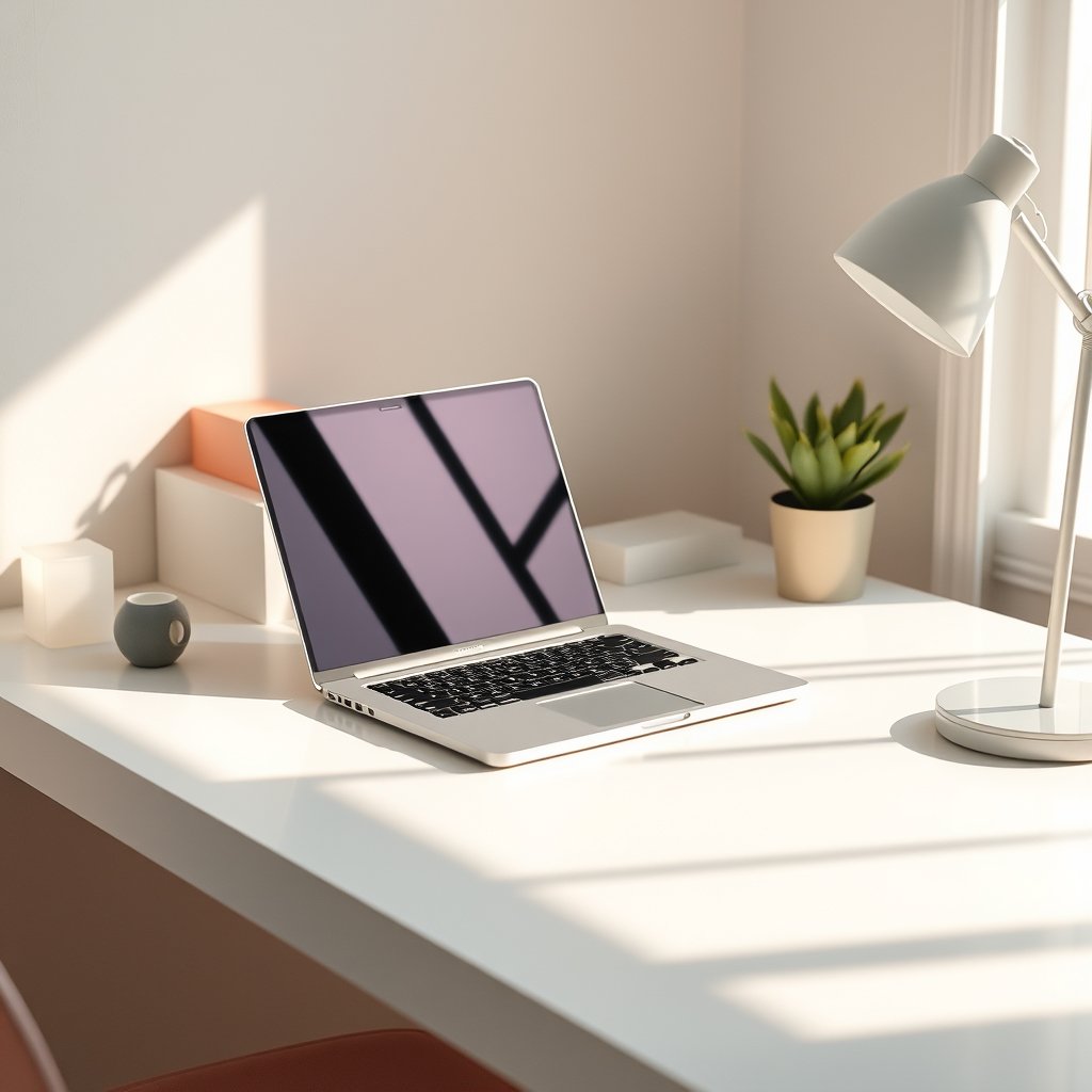 a sleek modern laptop on a clean desk with soft lighting, bright and airy, pastel tones, dreamy aesthetic
