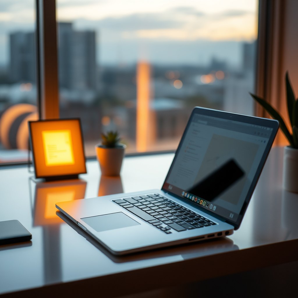 a sleek modern laptop on a clean desk with soft lighting, golden hour lighting, warm tones, atmospheric