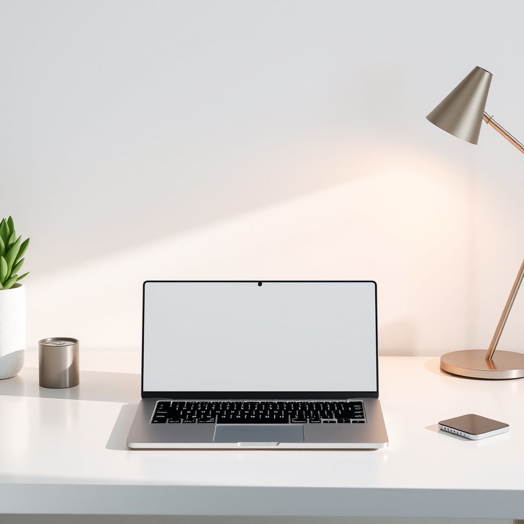 a sleek modern laptop on a clean desk with soft lighting, minimalist composition, clean background, elegant