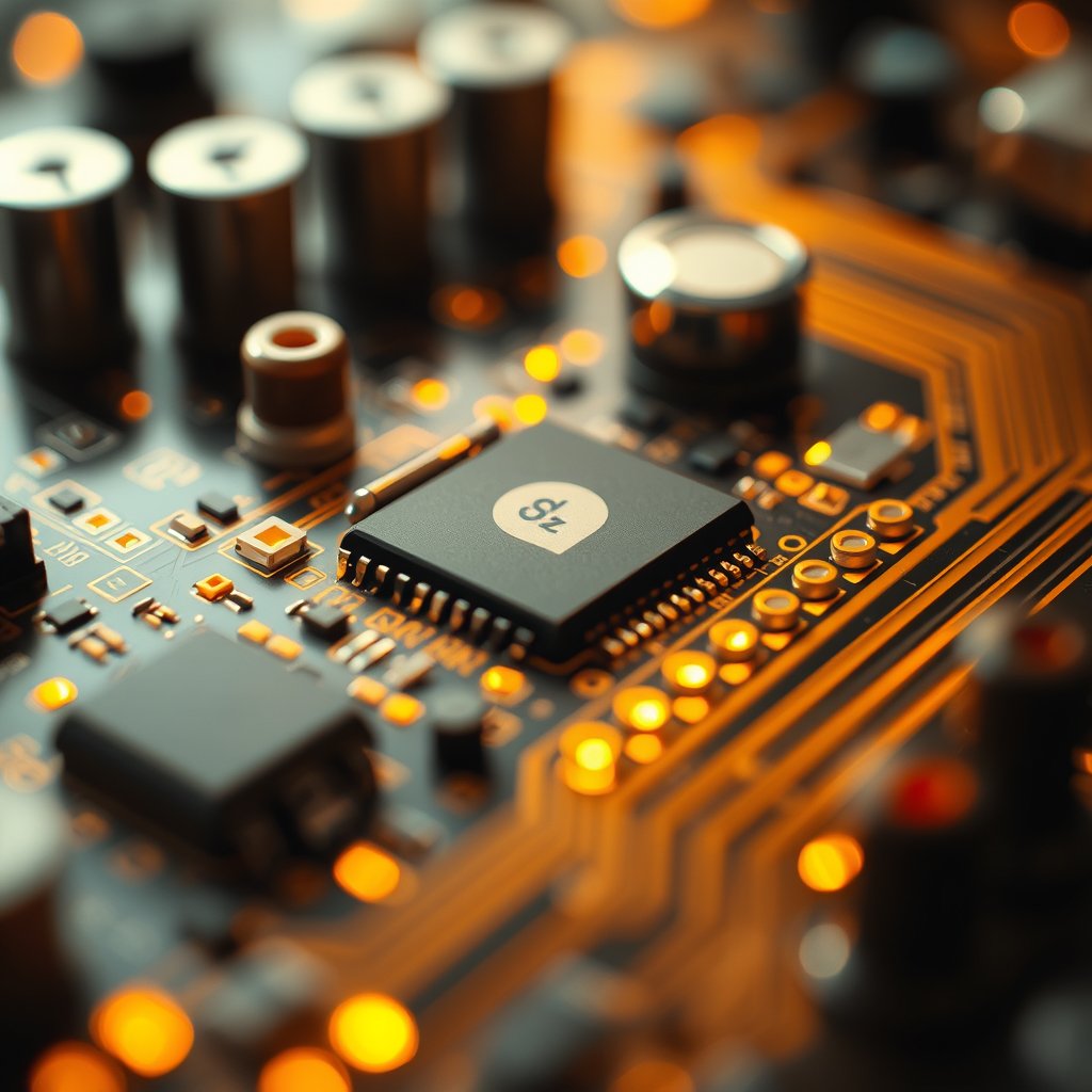 a circuit board macro shot with glowing components, soft natural light, shallow depth of field, bokeh