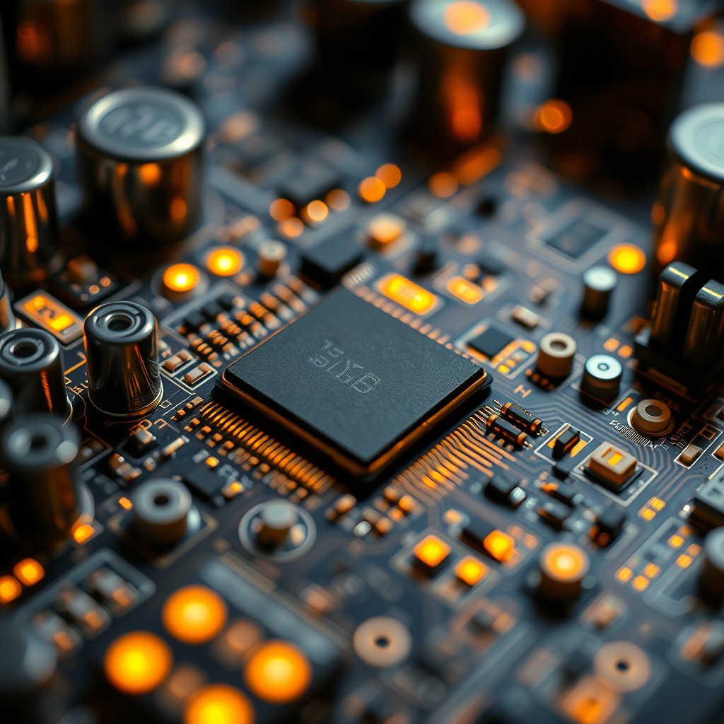 a circuit board macro shot with glowing components, ultra realistic, crisp details, studio quality