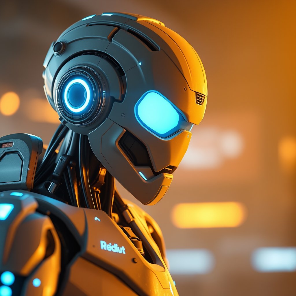 a futuristic robot with glowing blue accents, golden hour lighting, warm tones, atmospheric