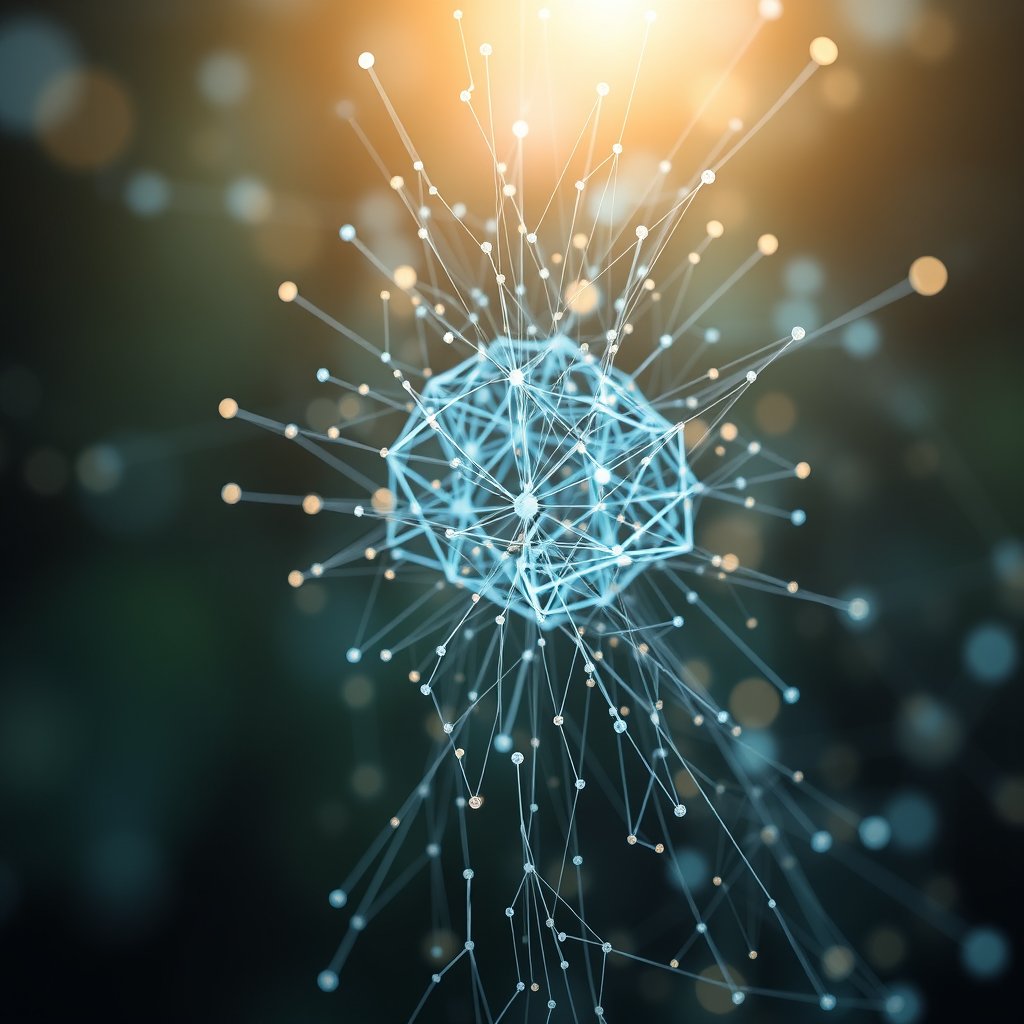 an abstract visualization of artificial intelligence neural network, soft natural light, shallow depth of field, bokeh
