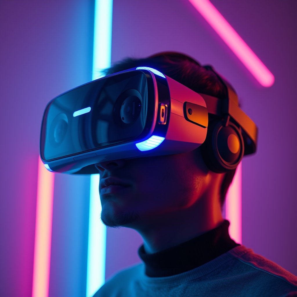 a virtual reality headset with neon light reflections, moody lighting, high contrast, fine art photography