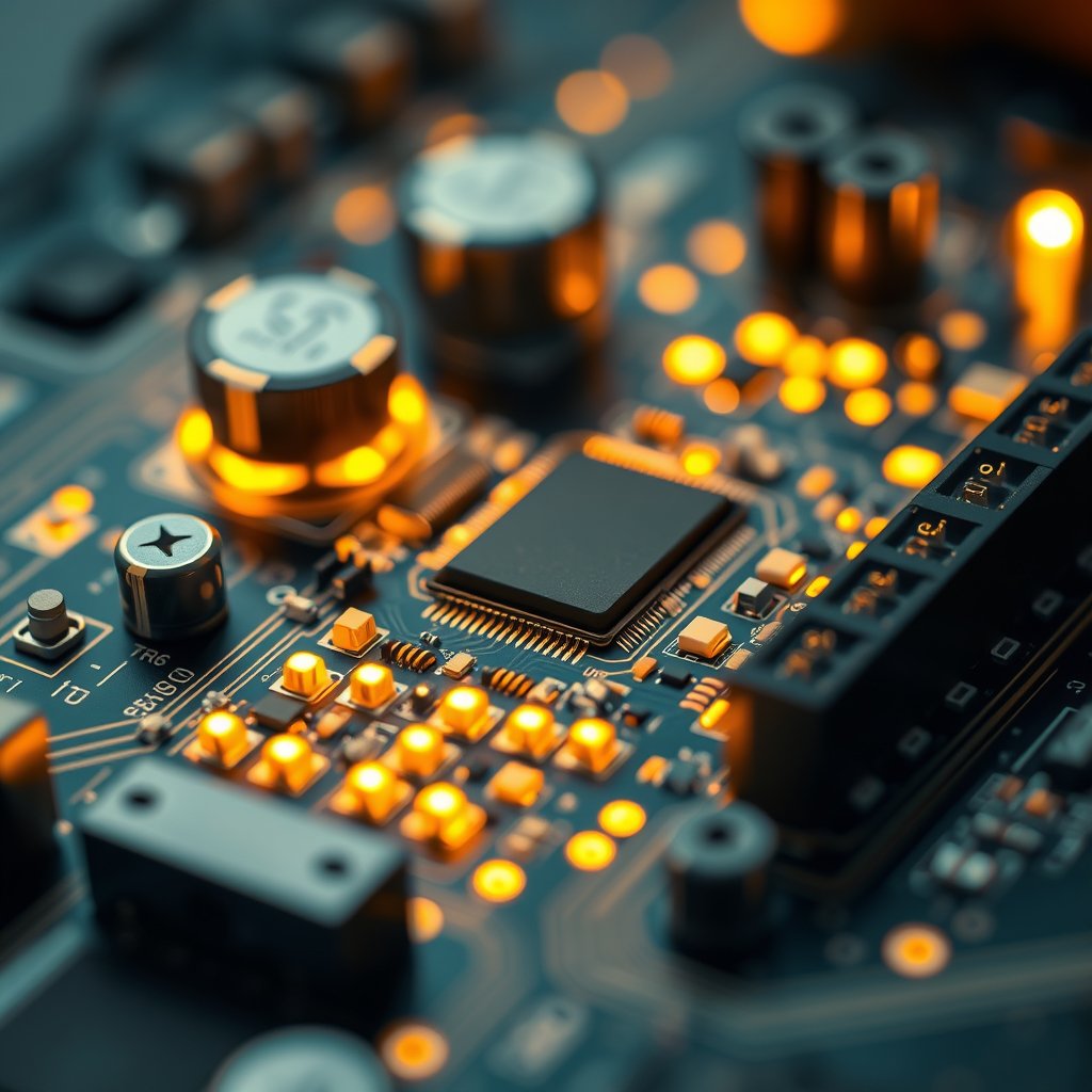 a circuit board macro shot with glowing components, highly detailed, 8k, professional photography, sharp focus