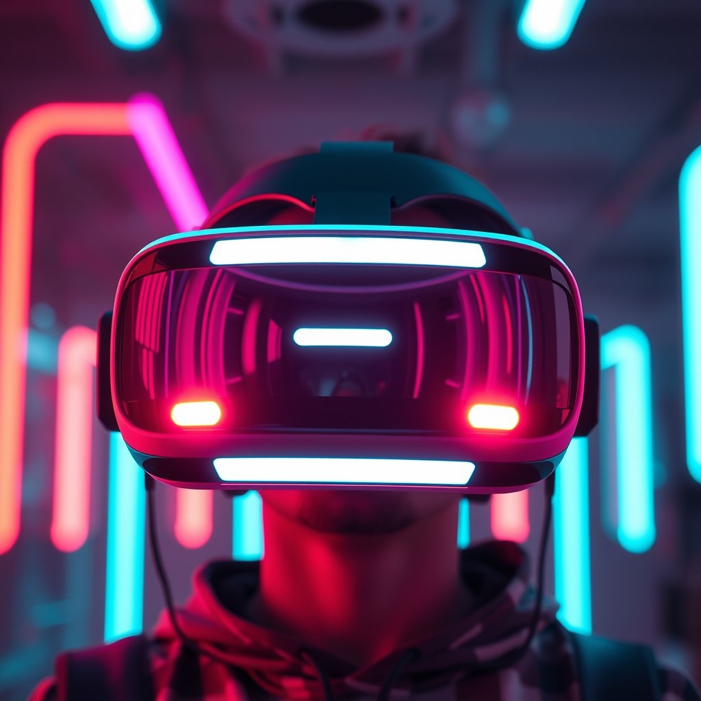 a virtual reality headset with neon light reflections, highly detailed, 8k, professional photography, sharp focus