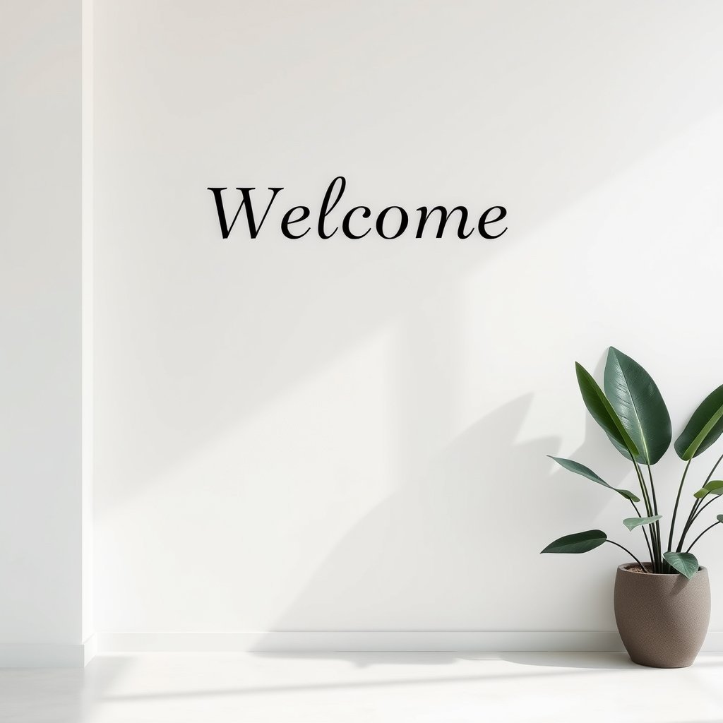 Welcome, minimalist composition, clean background, elegant