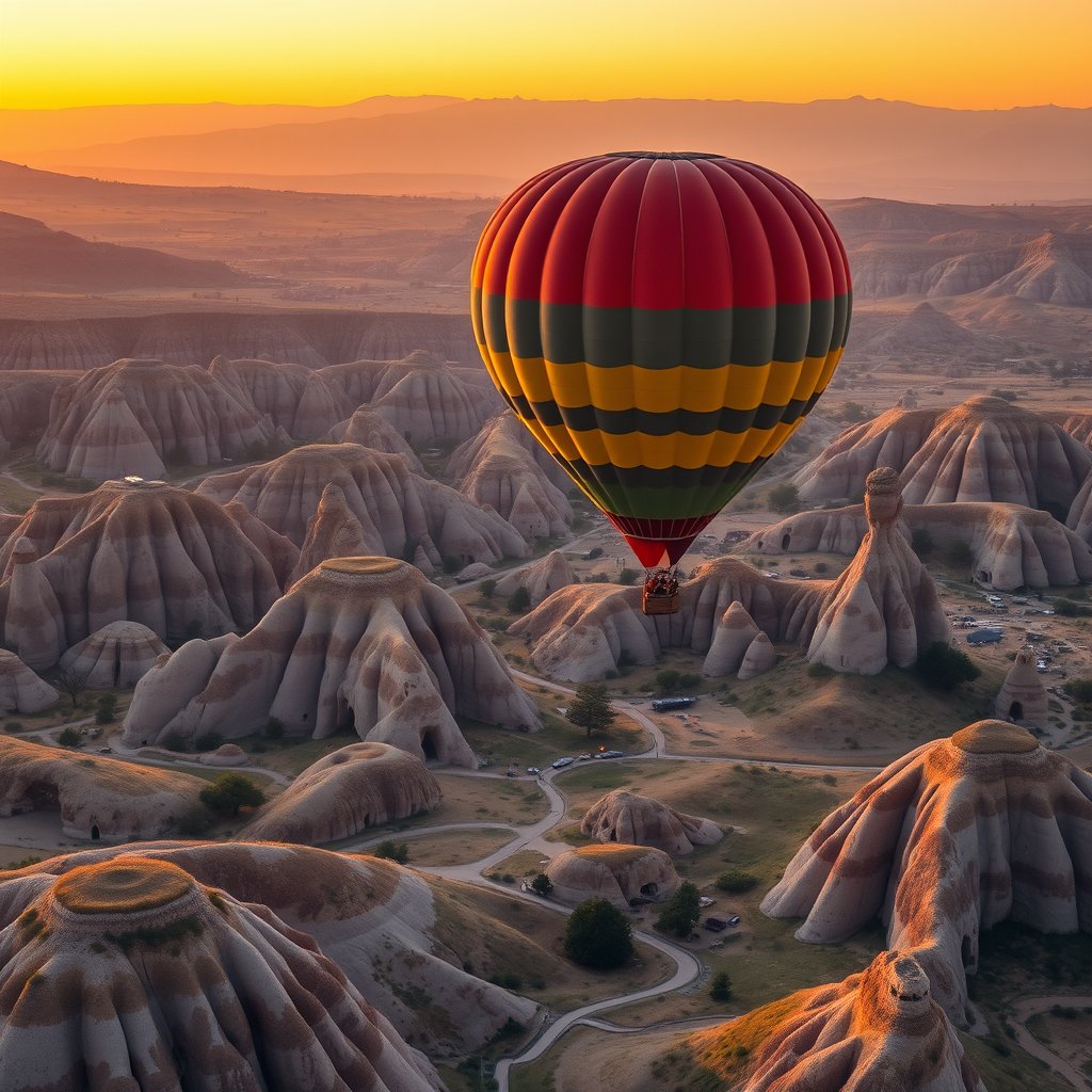 a hot air balloon over cappadocia at sunrise, highly detailed, 8k, professional photography, sharp focus