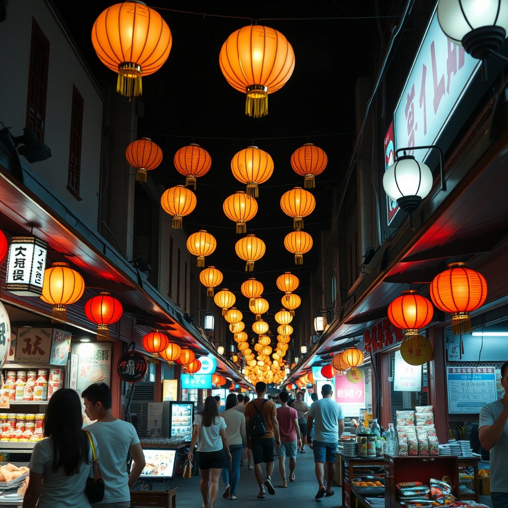 a bustling asian night market with lanterns, bright and airy, pastel tones, dreamy aesthetic