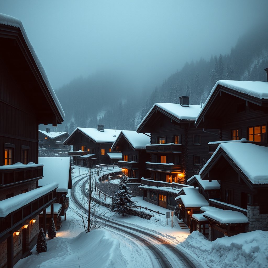 a snowy alpine village with wooden chalets, moody lighting, high contrast, fine art photography