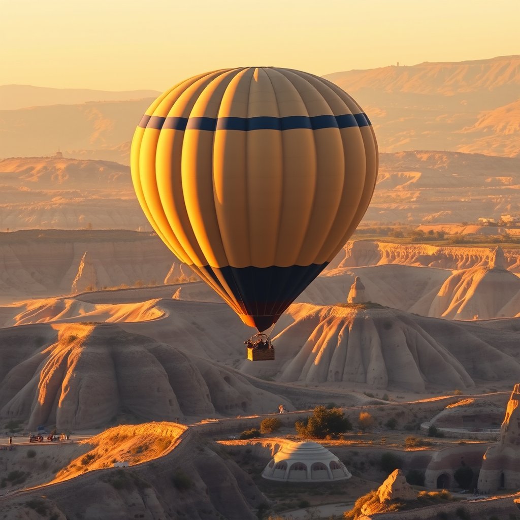 a hot air balloon over cappadocia at sunrise, golden hour lighting, warm tones, atmospheric