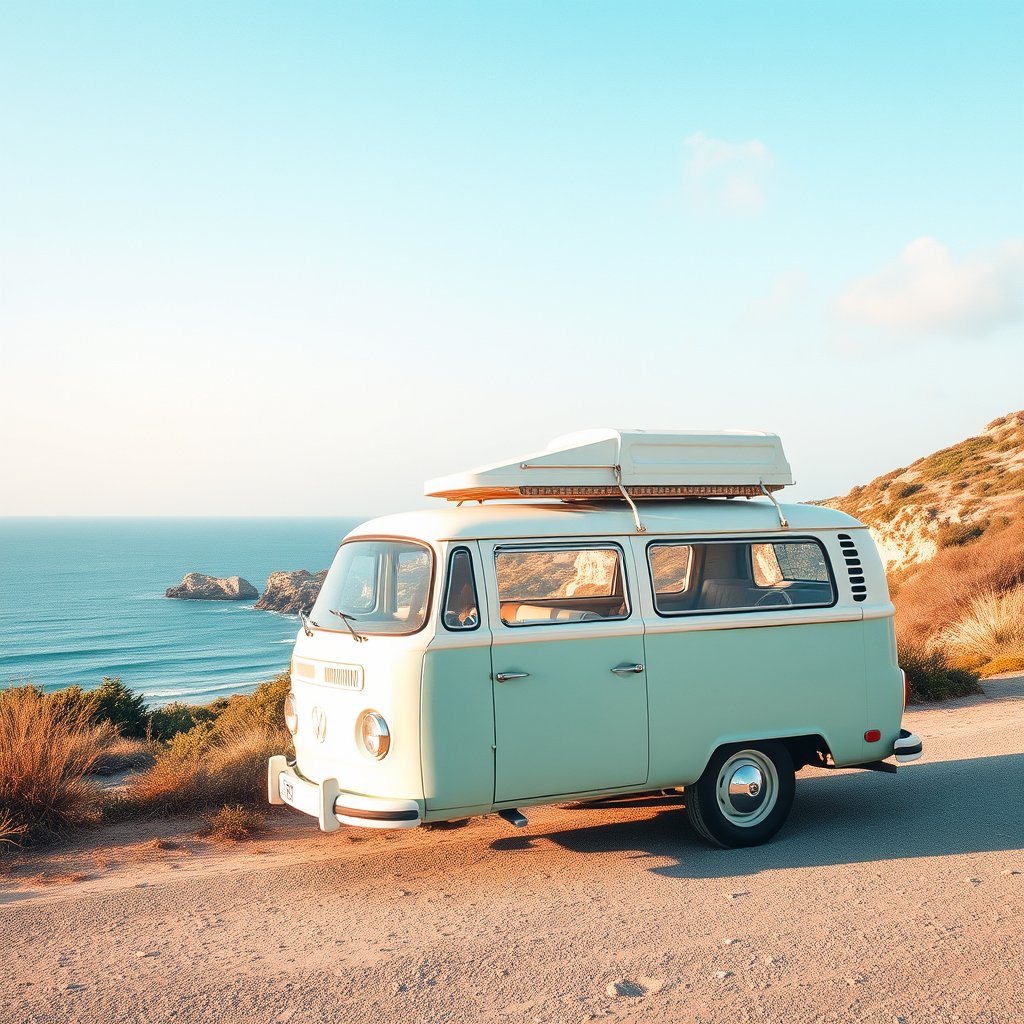 a vintage camper van on a coastal road trip, bright and airy, pastel tones, dreamy aesthetic