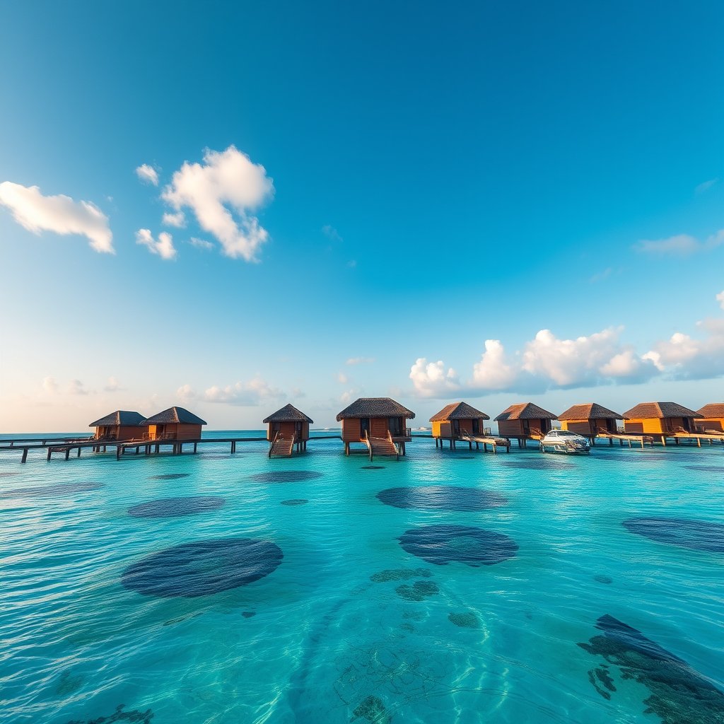 a tropical beach resort with overwater bungalows, highly detailed, 8k, professional photography, sharp focus