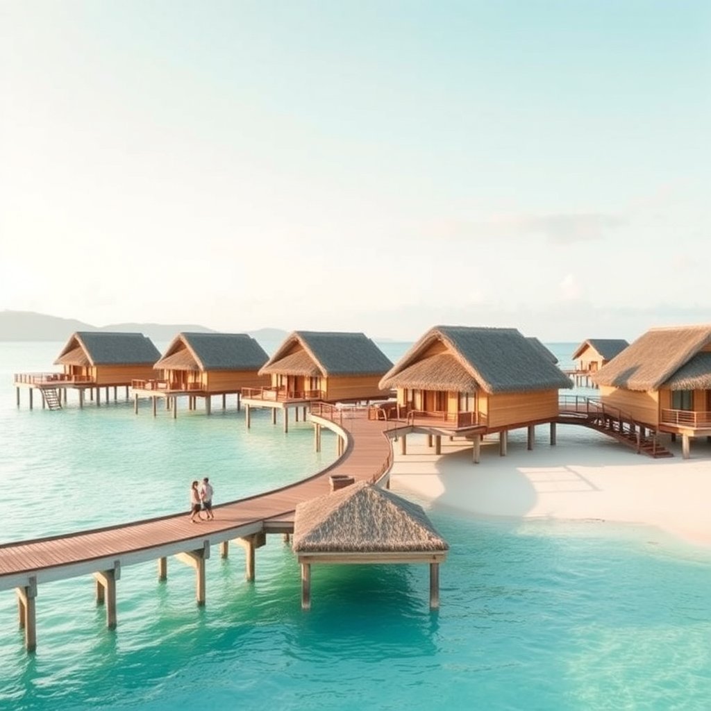 a tropical beach resort with overwater bungalows, bright and airy, pastel tones, dreamy aesthetic
