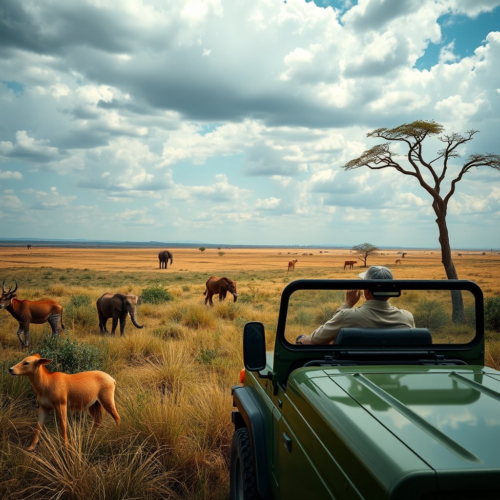 a safari jeep watching wildlife in the savanna, ultra realistic, crisp details, studio quality