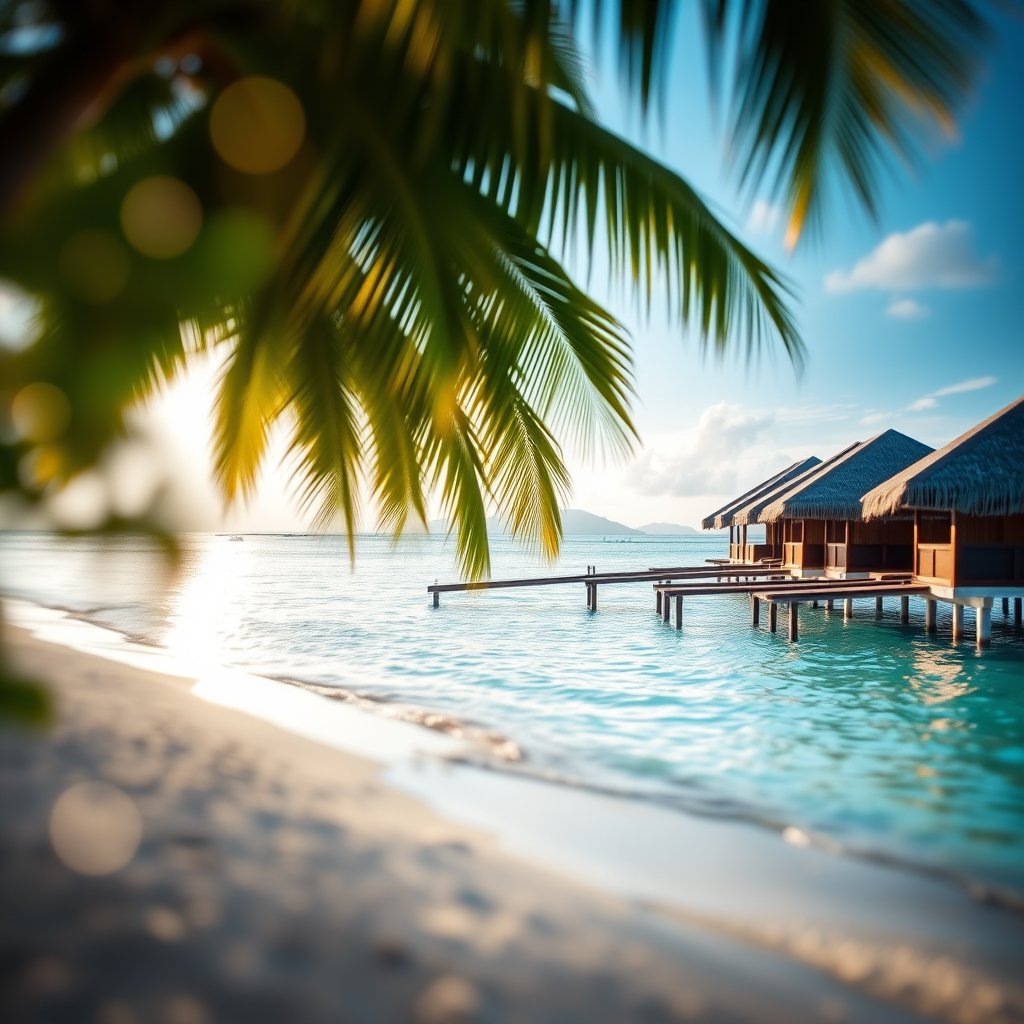 a tropical beach resort with overwater bungalows, soft natural light, shallow depth of field, bokeh