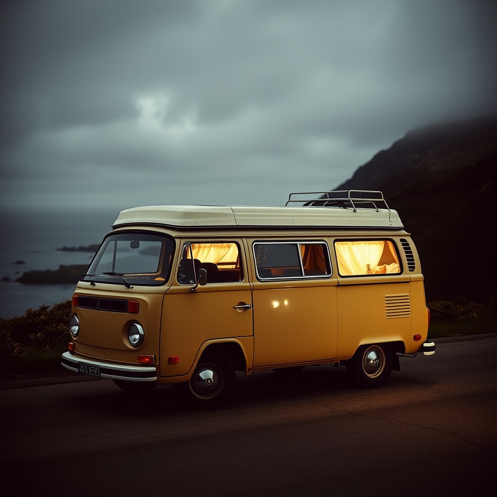a vintage camper van on a coastal road trip, moody lighting, high contrast, fine art photography