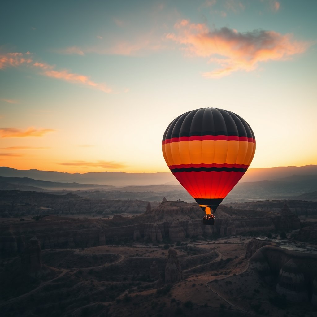 a hot air balloon over cappadocia at sunrise, cinematic lighting, vibrant colors, dramatic atmosphere