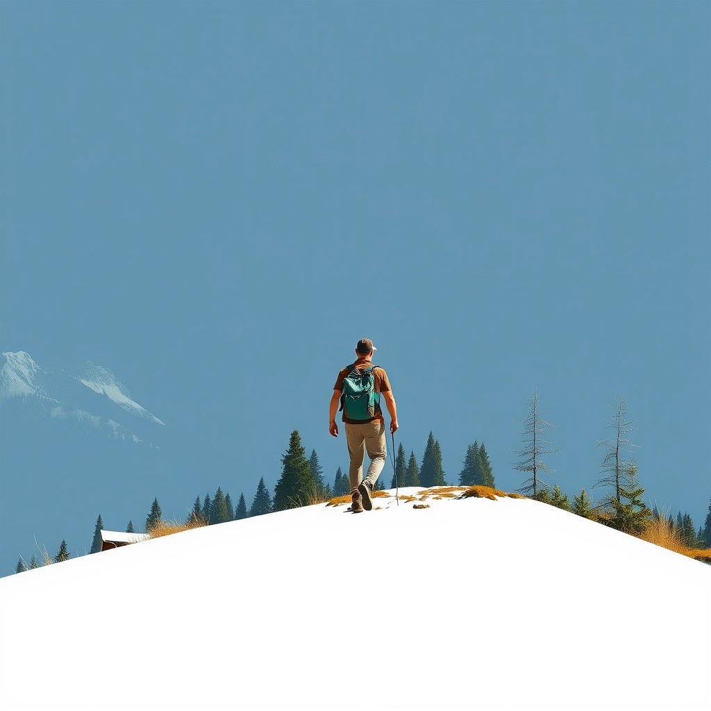 a backpacker hiking on a mountain trail with a view, minimalist composition, clean background, elegant