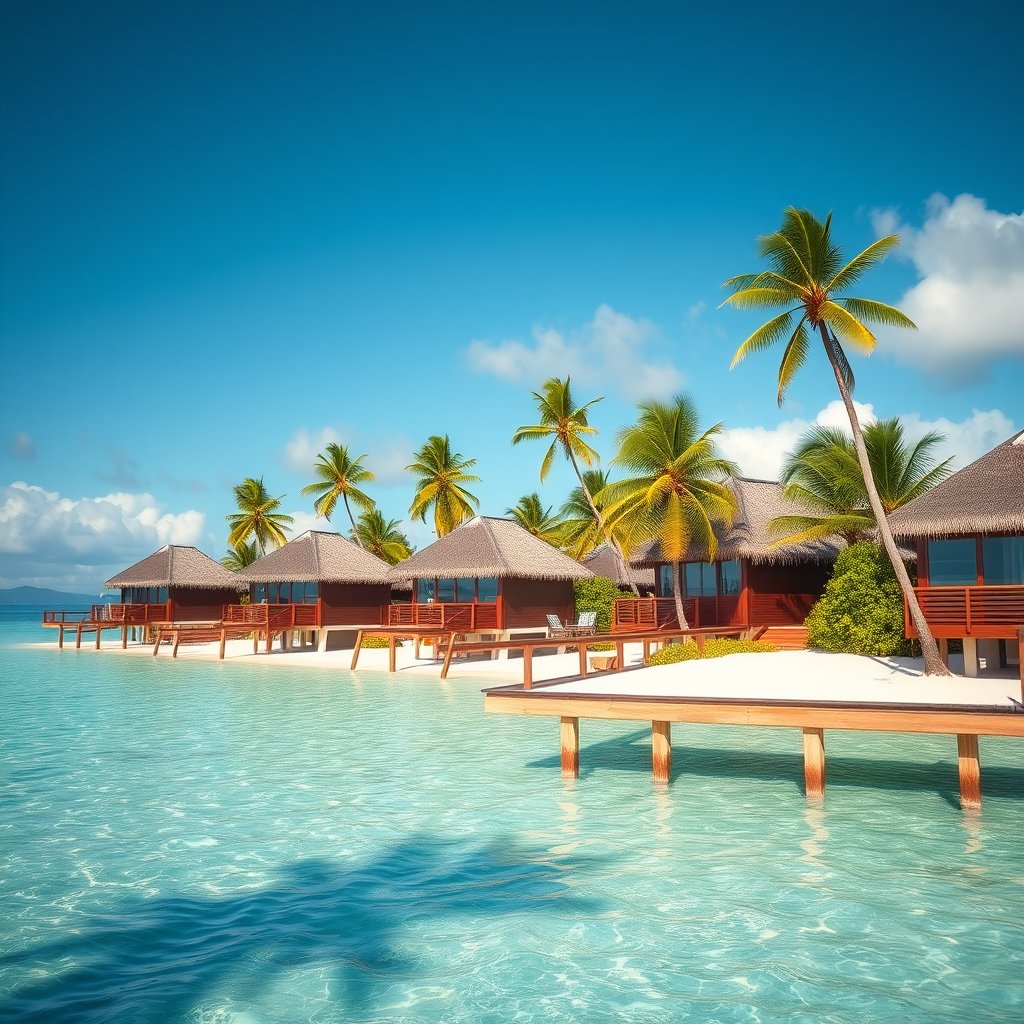 a tropical beach resort with overwater bungalows, highly detailed, 8k, professional photography, sharp focus