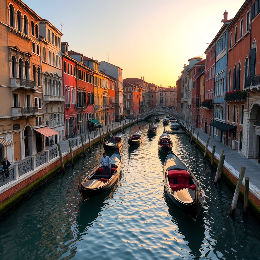venice canals with gondolas and colorful buildings, golden hour lighting, warm tones, atmospheric