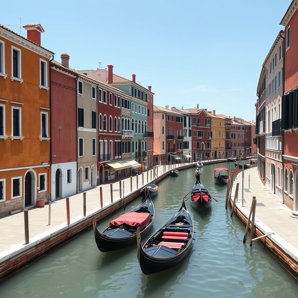venice canals with gondolas and colorful buildings, minimalist composition, clean background, elegant